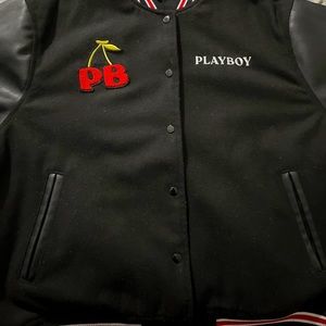 Black,Red and White PlayBoy Varsity Leather Jacket